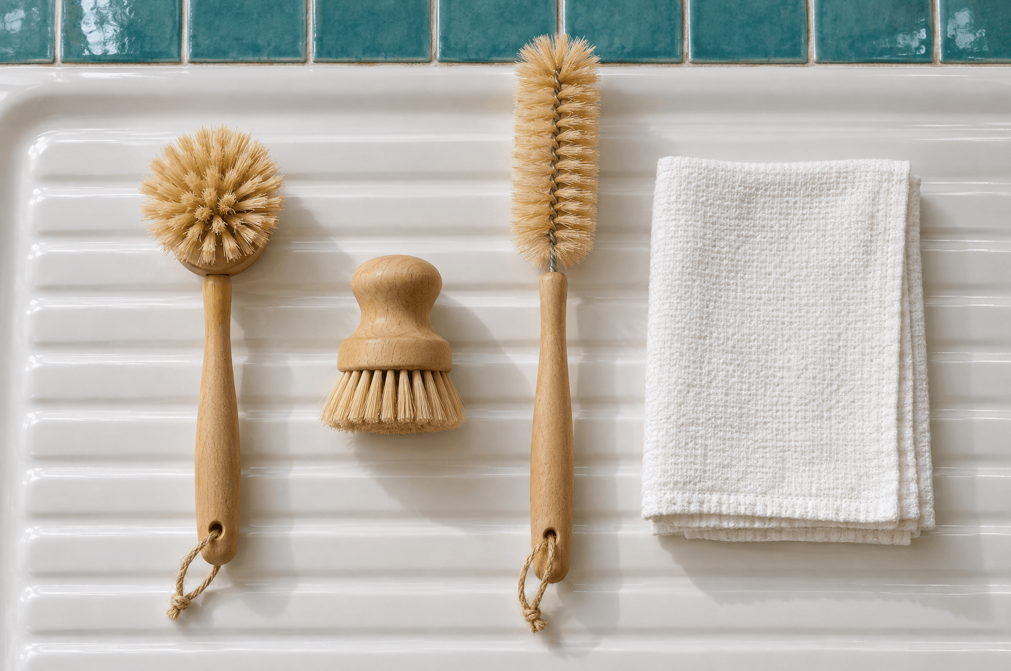 Three wooden-handled cleaning brushes and a folded white cloth on a white enamel drainboard below a strip of turquoise tile.